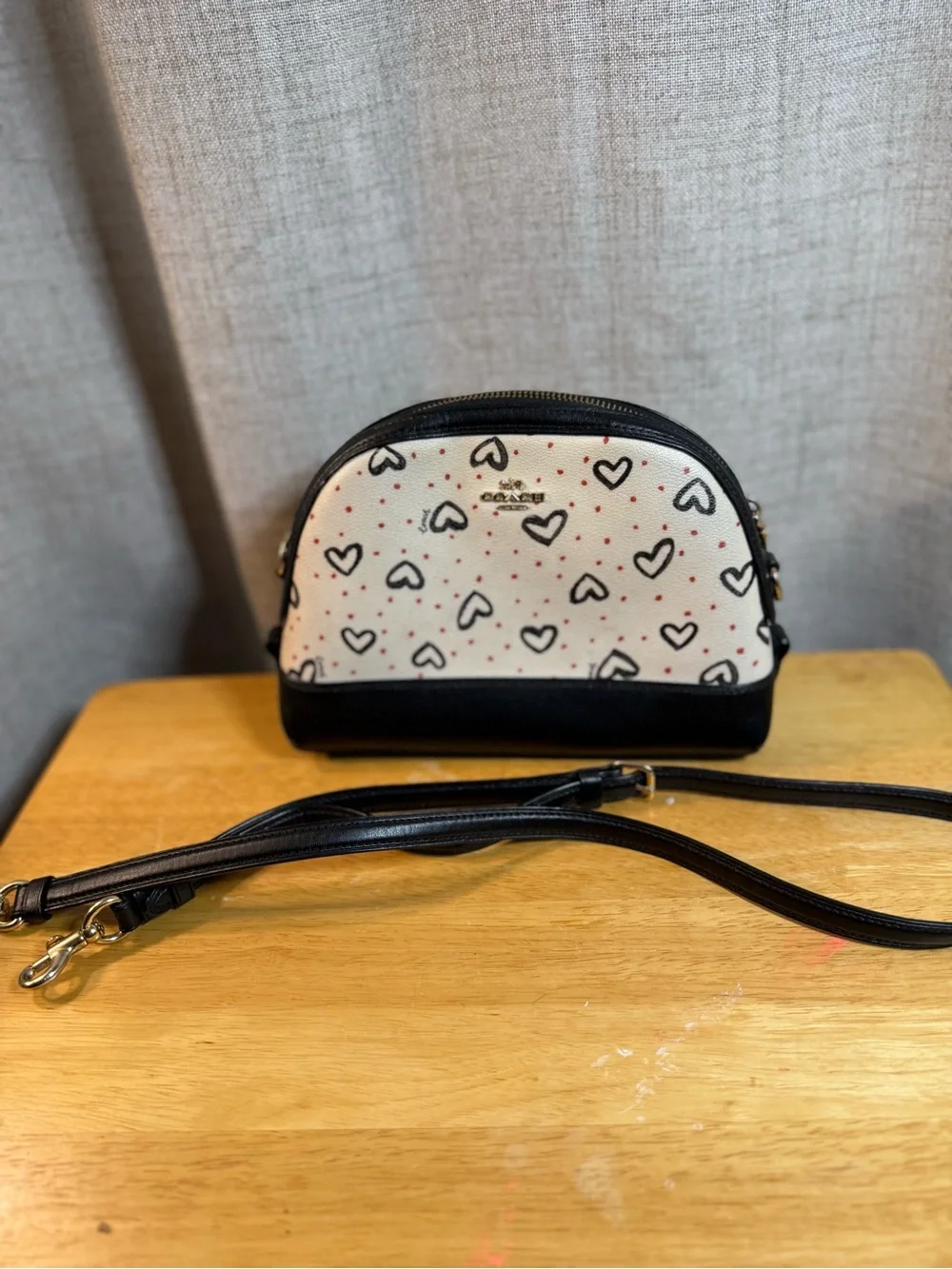 Coach Cream and Black Heart Print Shoulder Bag
